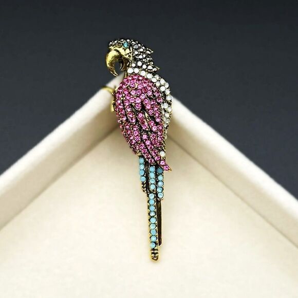 Yellow Gold with Pink Sapphire and Opal Crystal Tropical Parrot Pin Back Brooch - Picture 2 of 7